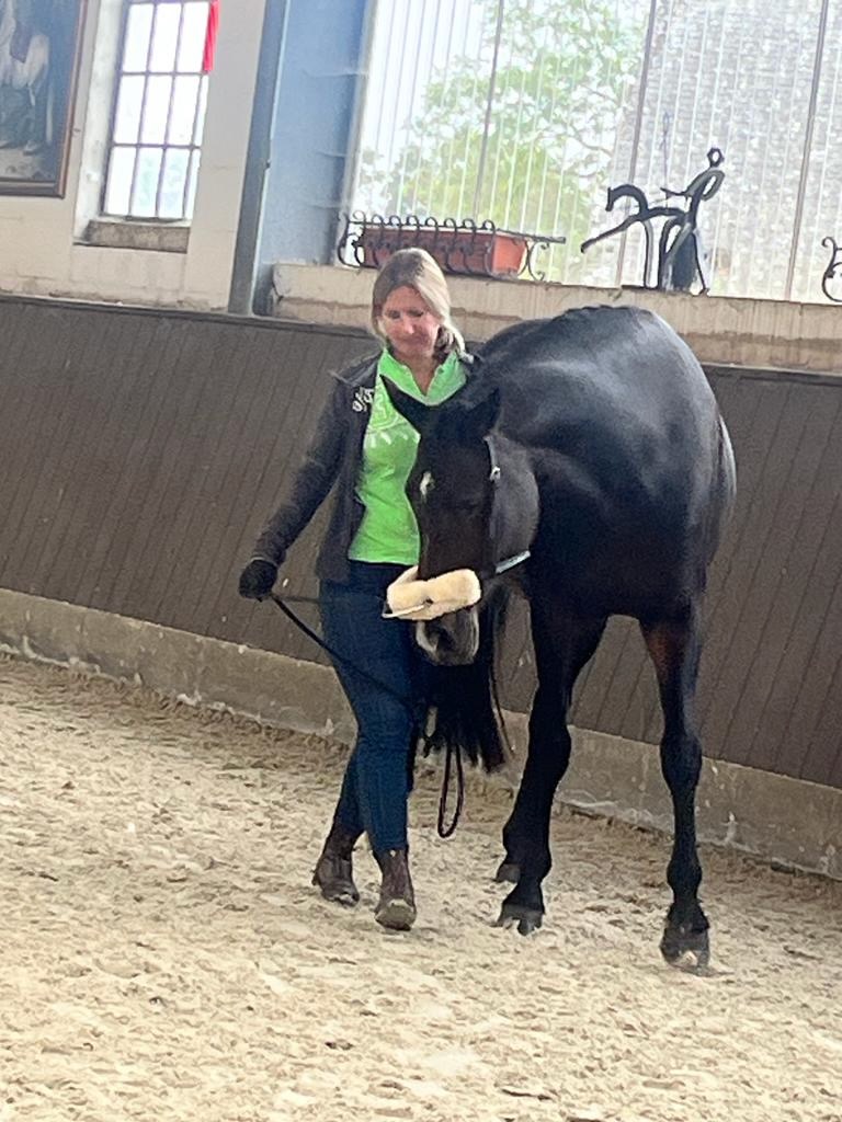 Susanne Griese bei der Handarbeit mit Finja in der Reithalle